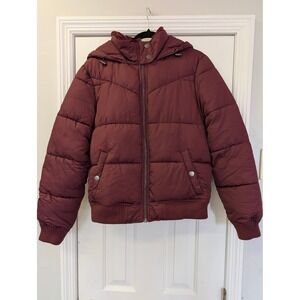 Aeropostale Womens Burgundy Puffer Jacket Faux Fur Collar Removable Hood Medium